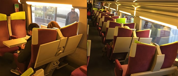 Sittplatser på ett av Izy-tågen på väg till Paris