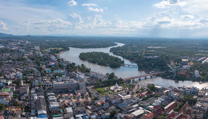 Panorama view of Surat Thani City, Thailand. Aerial view from drone.
