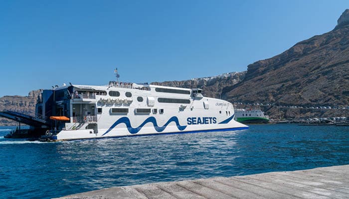 SeaJets Ferry arriving in Port Athinos, Santorini