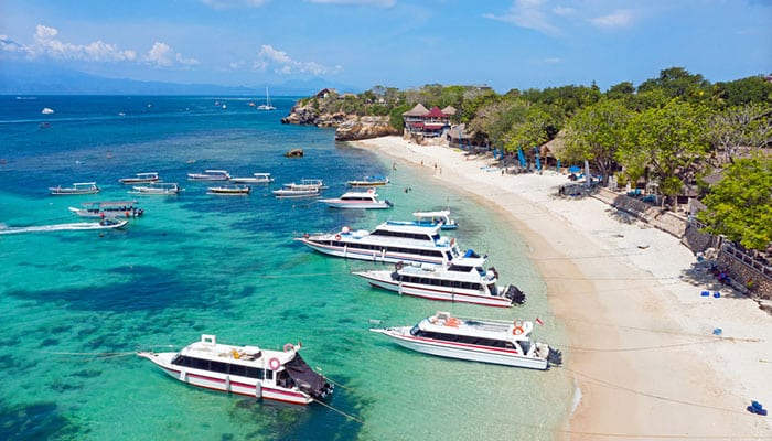 Aerial from Mushroom bay on Nusa Lembongan Bali Indonesia