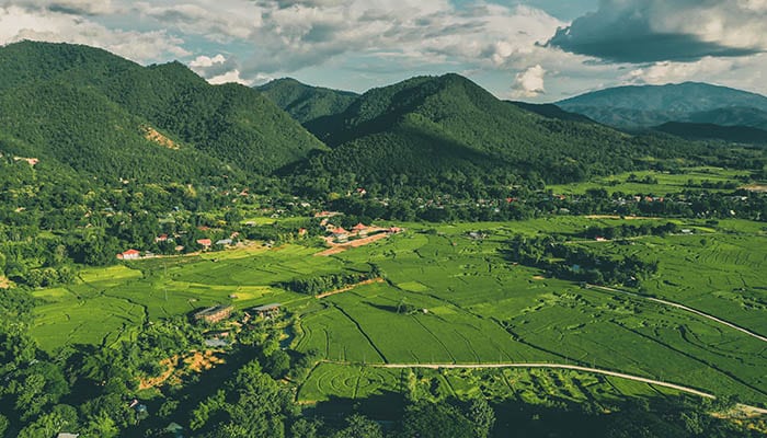 Aerial view of Pai rice terraces, river and mountain in Mae Hong Son, Chiang Mai