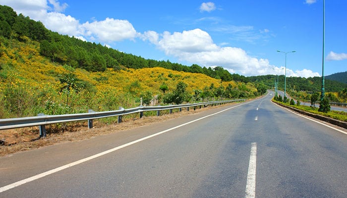 Dalat highway, beauty road across a pine forest with wildflowers under blue sky and clouds, the road at Vietnamese countryside.