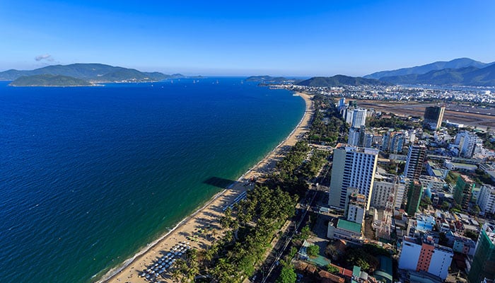 Aerial view over Nha Trang city, Vietnam taken from rooftop, extreme wide angle