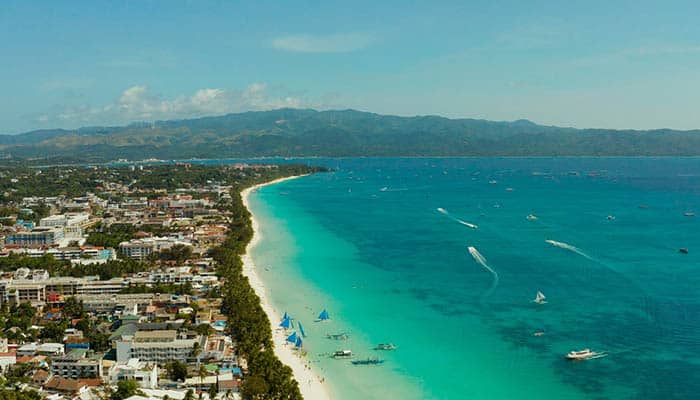 Tropical beach with tourists and clear blue sea, drone shot. Boracay