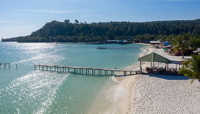 Cambodia aerial view of Sok San Beach on Koh Rong island. With a ferry pier.